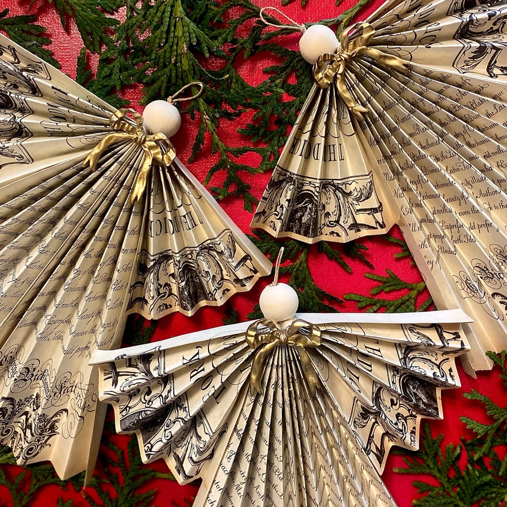 Elegant Handmade Distressed Parchment Paper Angels with Gold Bow Accent